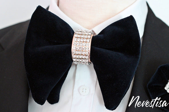 mens formal Black velvet oversized butterfly style bow tie with rose gold crystals center mens groomsmen groom prom bow tie set formal groom groomsmen attire