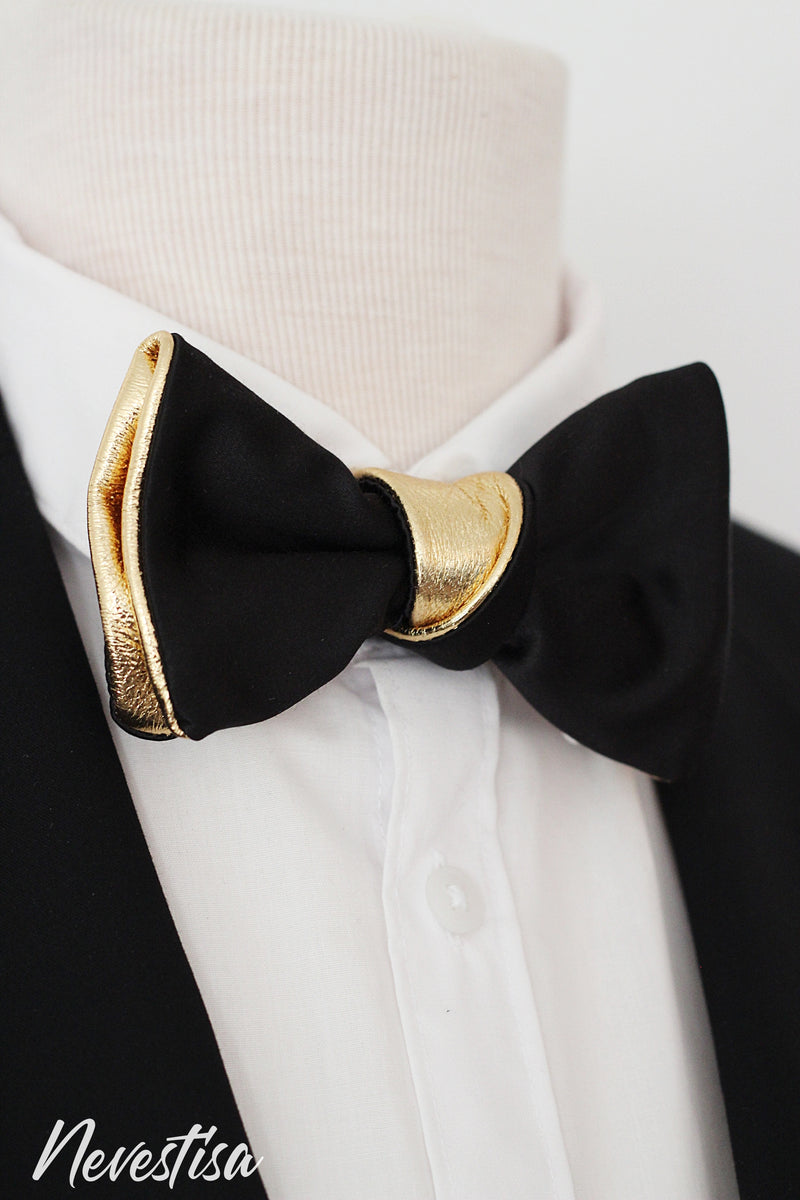 Gold and black satin tuxedo suit bow tie set