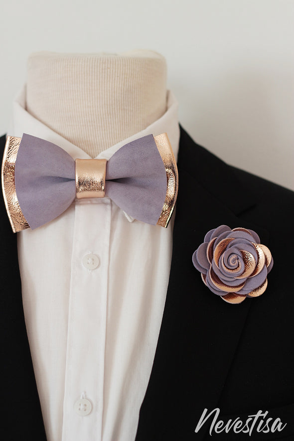 lavender suede, rose gold leather bow tie set, mens gift set, lapel flower, boutonniere, rose lavender pin, prom wedding