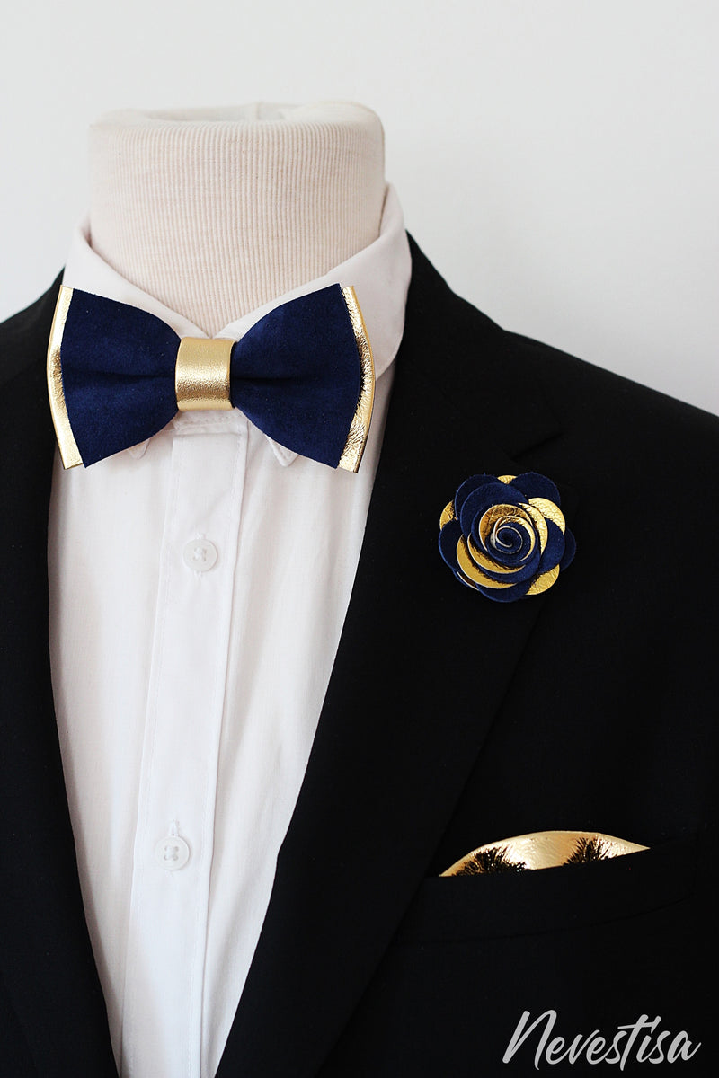 Gold and royal blue leather bow tie, pin set groomsmen attire