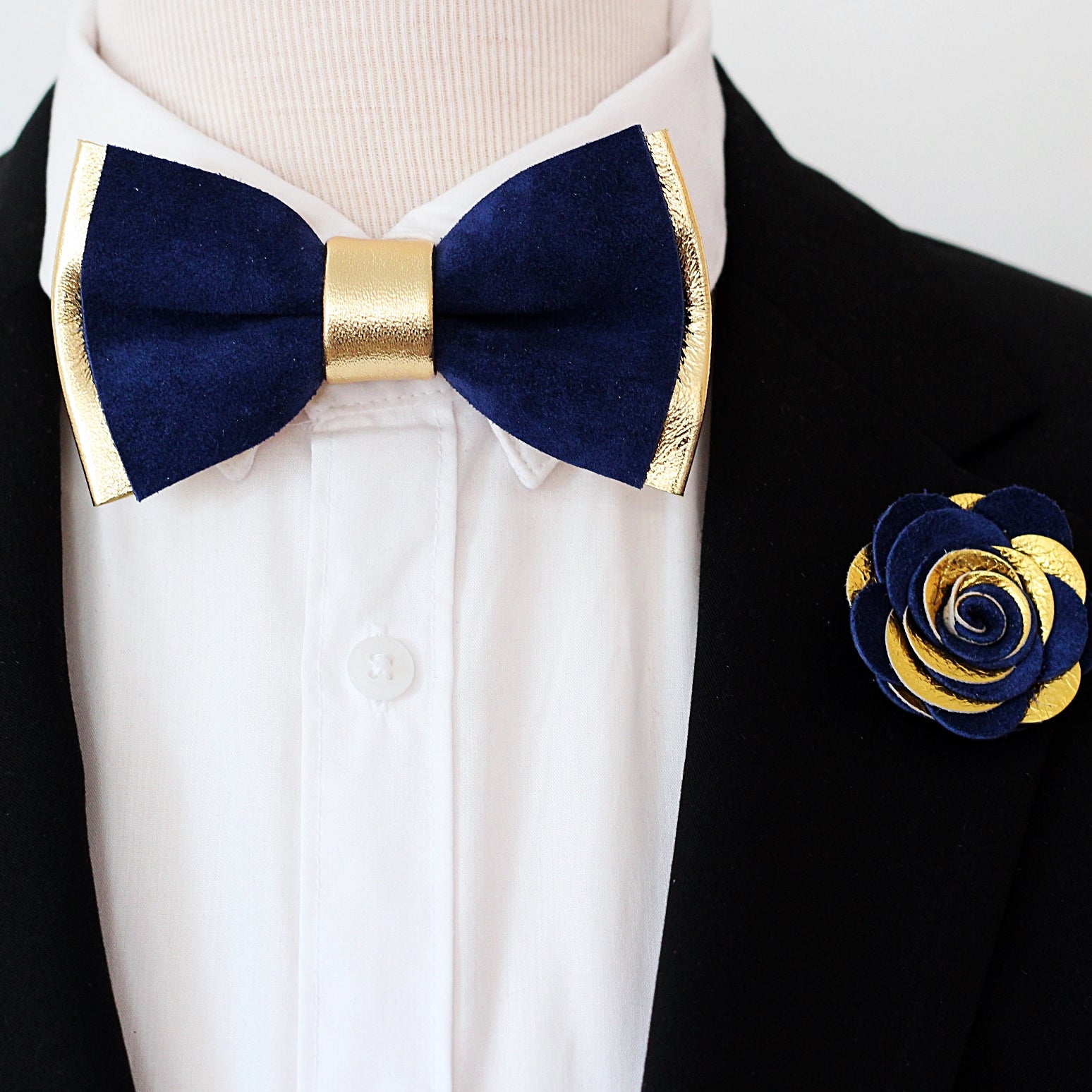 Gold and royal blue leather bow tie, pin set groomsmen attire