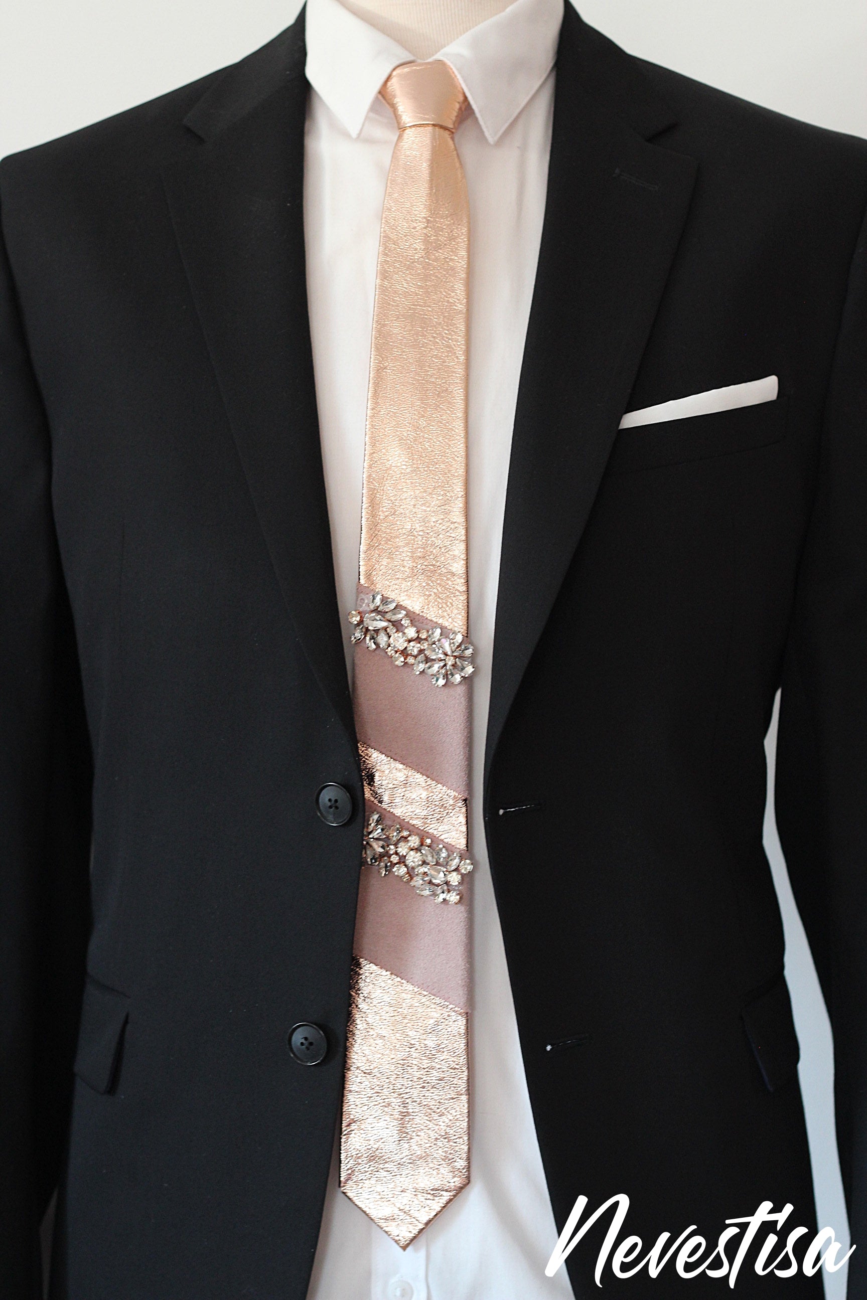 Rose gold blush leather tie, neck tie with crystals Rose gold blush leather tie, neck tie with crystals
