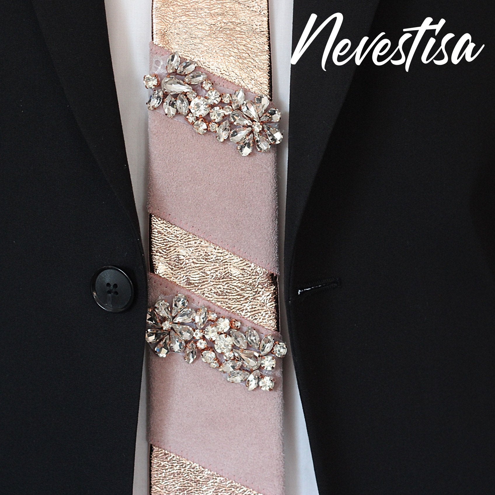 Blush Pink Satin Tie, Necktie with Geometric Rose Gold Rhinestones Pattern
