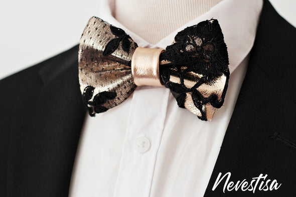 Black Lace and rose gold leather formal bow tie for men