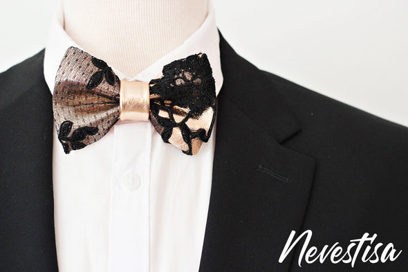 Black Lace and rose gold leather formal bow tie for men