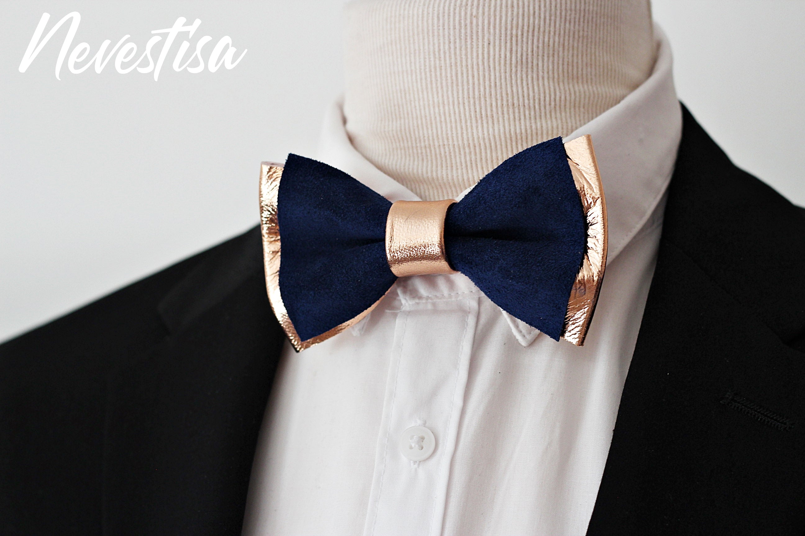 Copper rose Gold and royal leather bow tie, pin set groomsmen attire