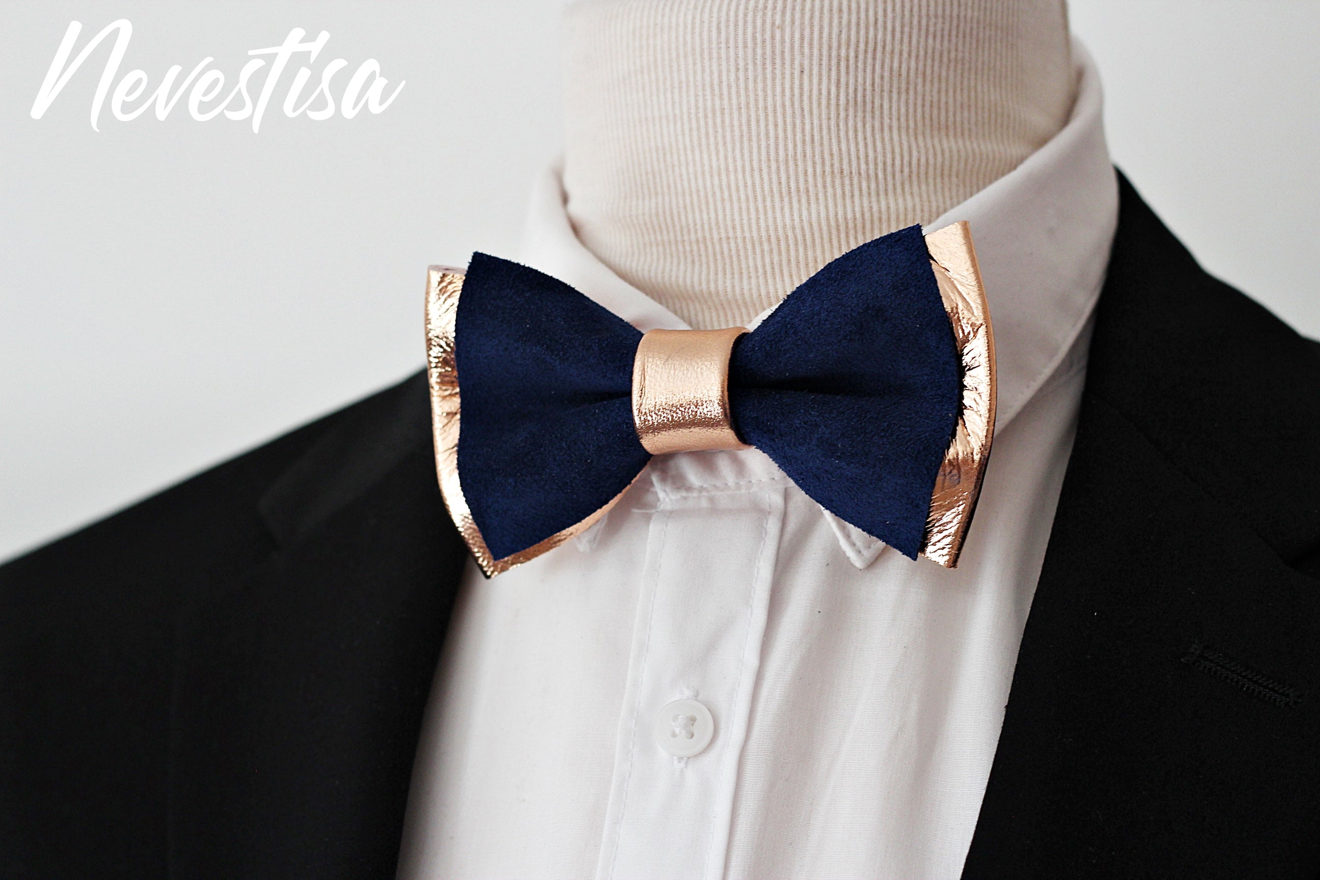 Copper rose Gold and royal leather bow tie, pin set groomsmen attire Copper rose Gold and royal leather bow tie, pin set groomsmen attire