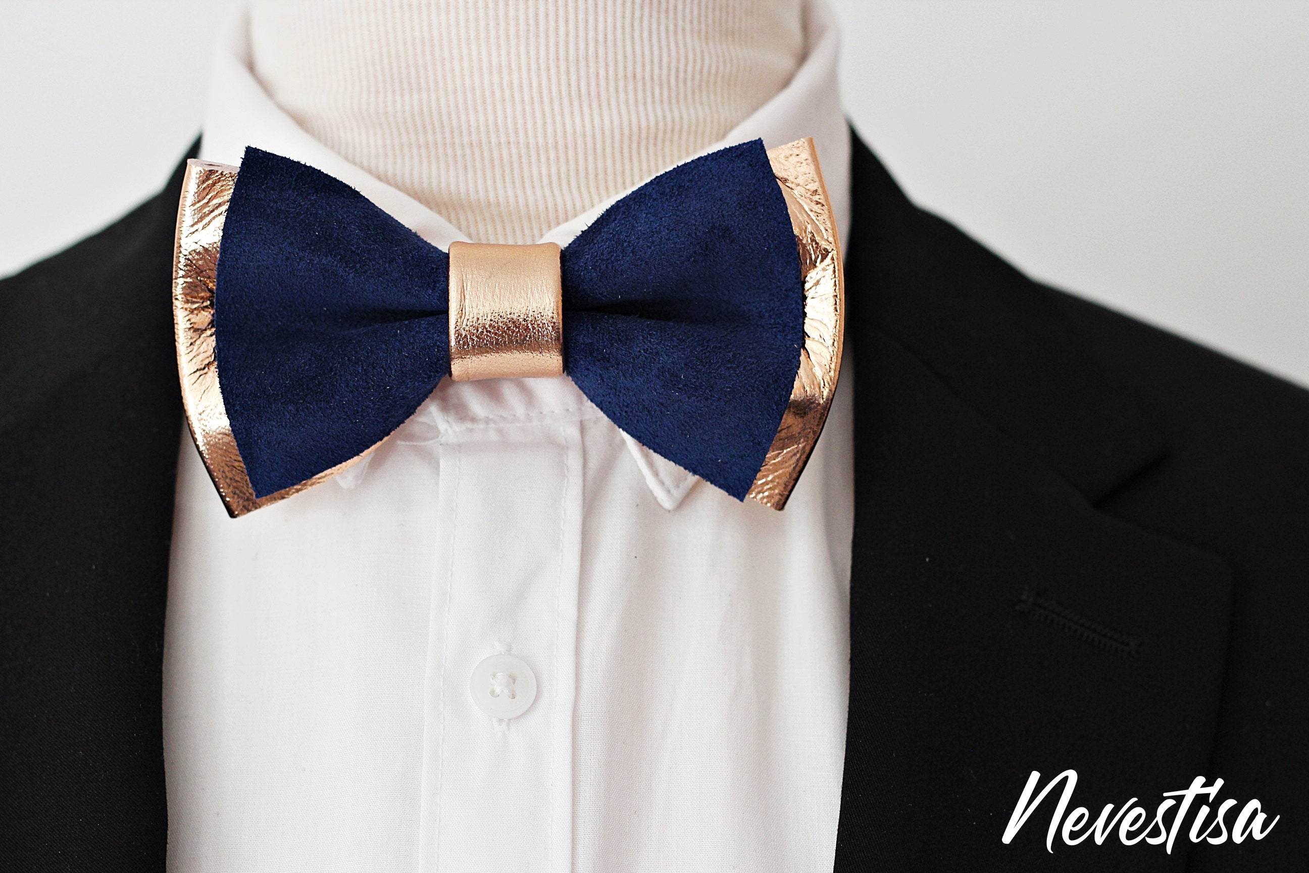 Copper rose Gold and royal leather bow tie, pin set groomsmen attire Copper rose Gold and royal leather bow tie, pin set groomsmen attire