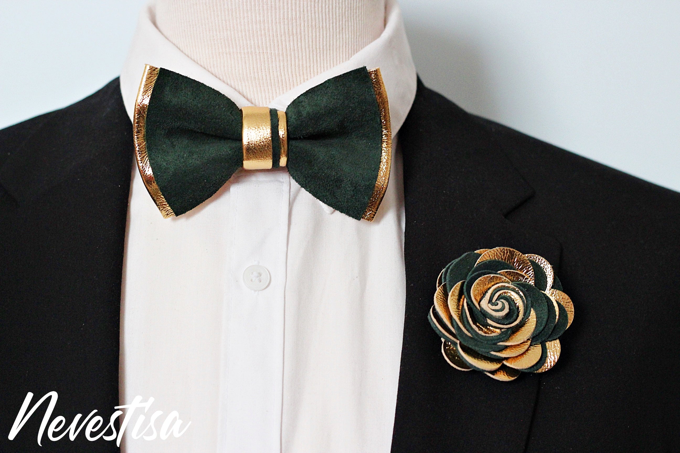 Forest green and gold tuxedo mens bow tie gold suspenders set Forest green and gold tuxedo mens bow tie gold suspenders set