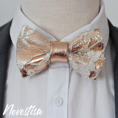 rose gold copper tuxedo suit bow tie set combined with white lace, mens bow tie, weddin prom gift