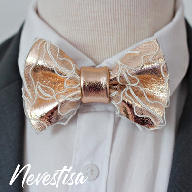 rose gold copper bow tie set, white lace bow tie, tuxedo, suit, mens bow tie, weddin prom gift