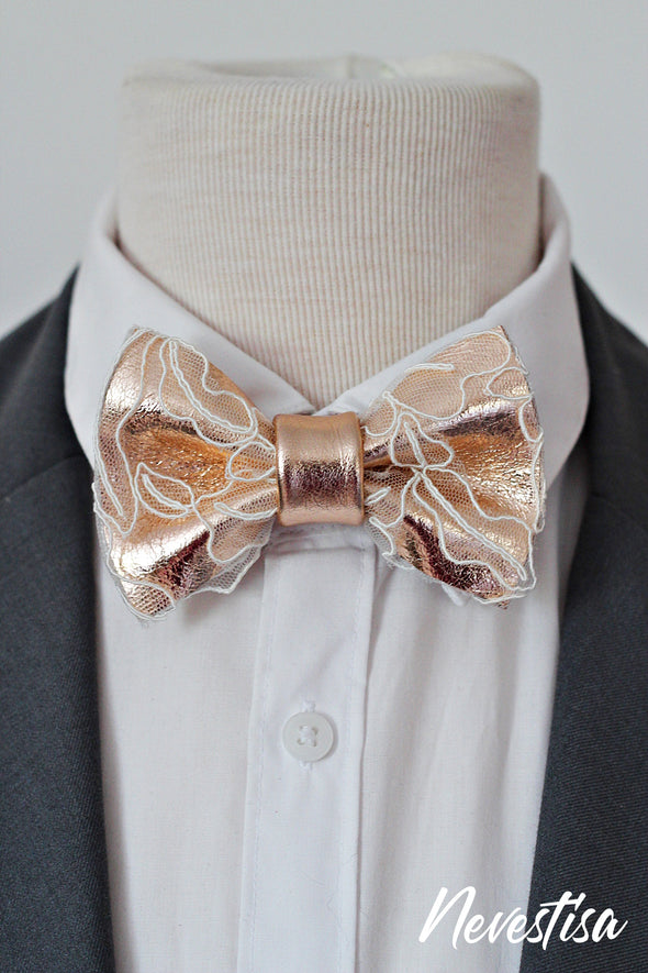 rose gold copper bow tie set combined with white lace, mens bow tie, weddin prom gift