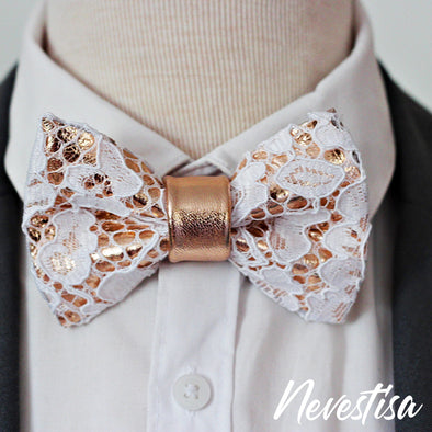 rose gold copper bow tie set combined with white lace, mens bow tie, weddin prom gift