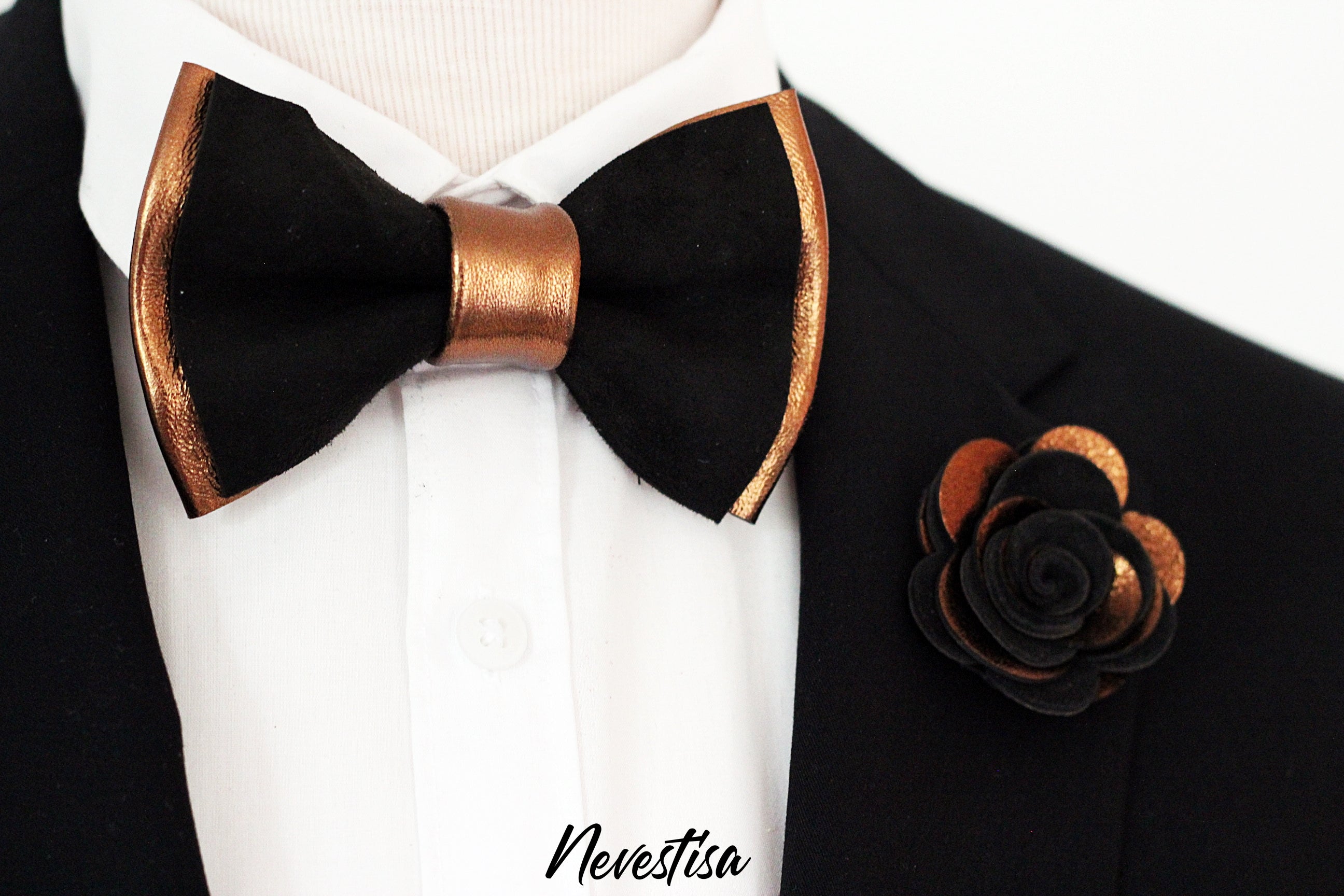 Copper bronze black mens tuxedo bow tie set