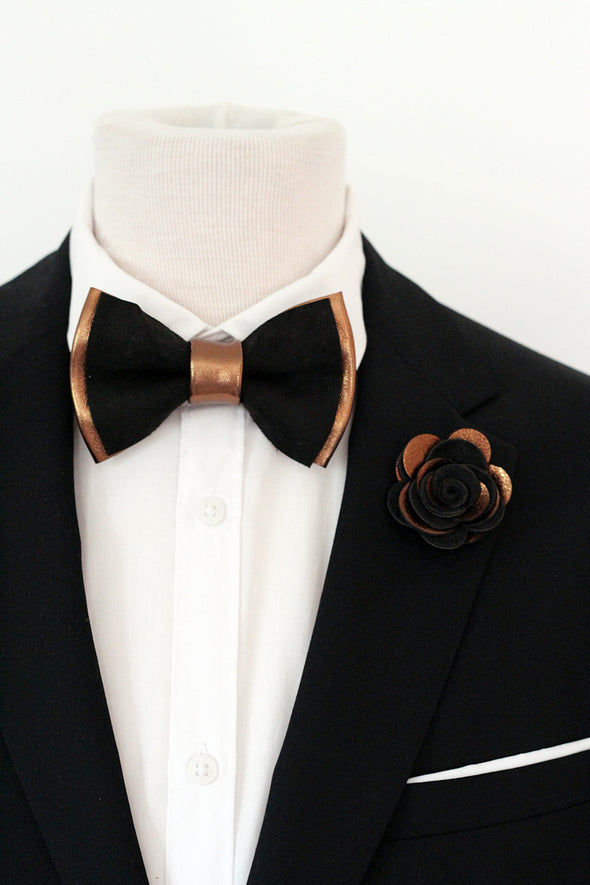 bronze copper black mens groomsmen bow tie set, wedding boutonniere, copper bowtie