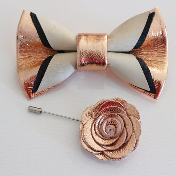 rose gold mens tuxedo suit bow tie set,ivory bowtie and lapel flower, rose gold boutonniere, wedding