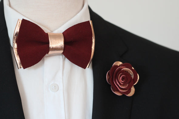 rose gold and burgundy mens groomsmen bow tie set, black men formal attire, tuxedo bow tie, burgundy red and rose gold lapel flower pin, rose gold boutonniere, wedding prom, burgundy maroon, deep red