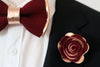 rose gold and burgundy mens groomsmen bow tie set, black men formal attire, tuxedo bow tie, burgundy red and rose gold lapel flower pin, rose gold boutonniere, wedding prom, burgundy maroon, deep red