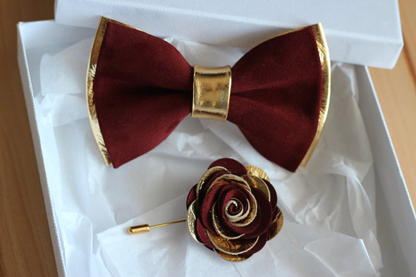 burgundy vine red classic Gold leather bow tie lapel flower wedding prom groomsmen groom formal attire set