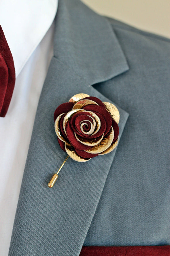 burgundy vine red classic Gold leather bow tie lapel flower wedding prom groomsmen groom formal attire set