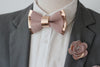rose gold blush dusty pink lapel flower and bow tie mens wedding set, gromsmen rose gold gift, suspenders, pocket sqare