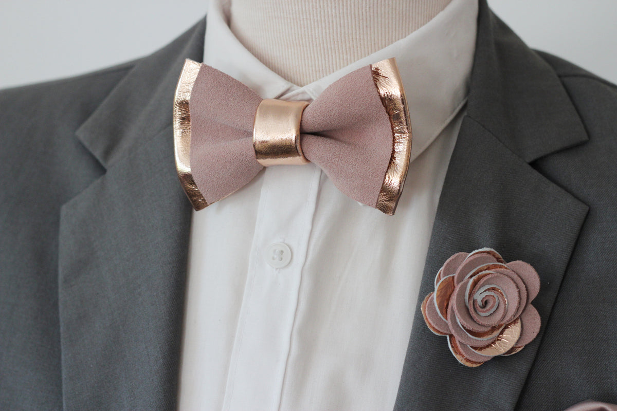 Rose gold and blush dusty pink mens bow tie set