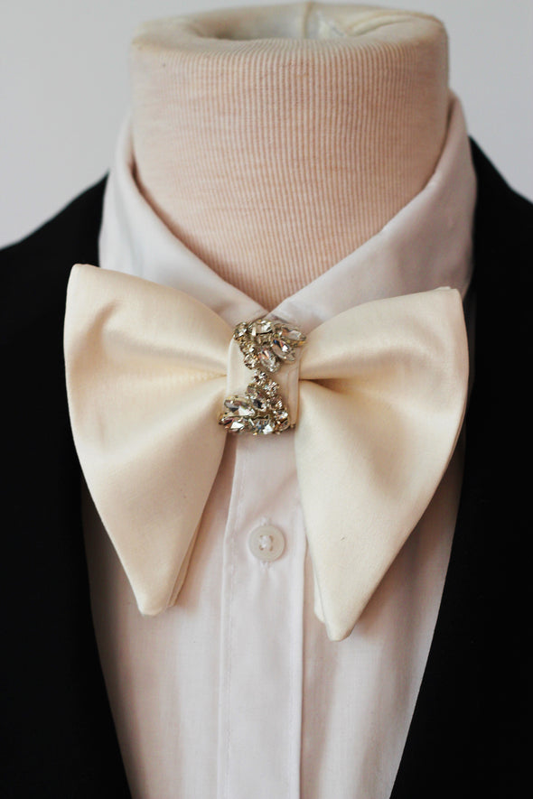 Cream Ivory satin oversized crystal butterfly style bow tie for men