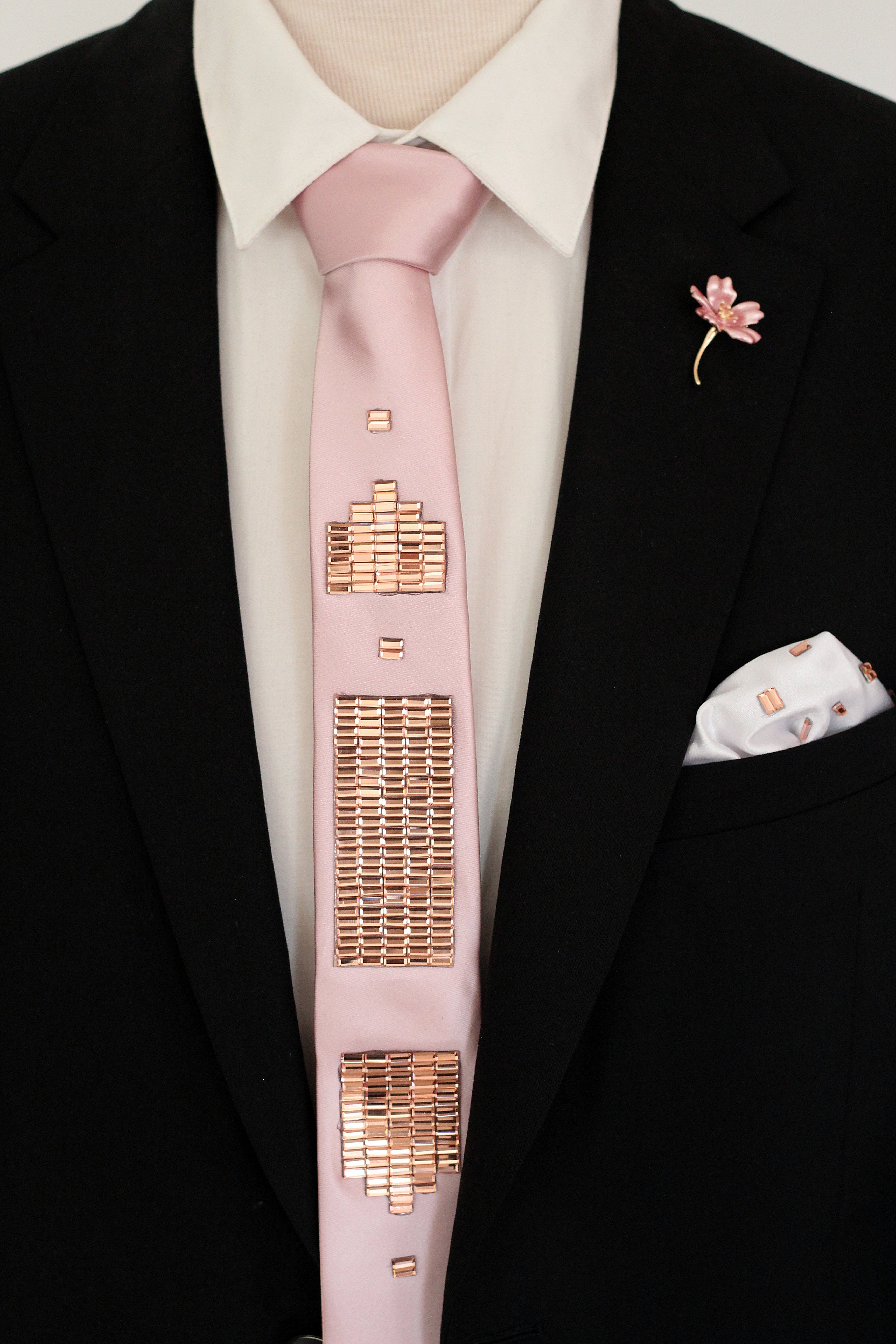Blush pink satin tie, necktie with geometric rose gold rhinestones pat Blush pink satin tie, necktie with geometric rose gold rhinestones pat