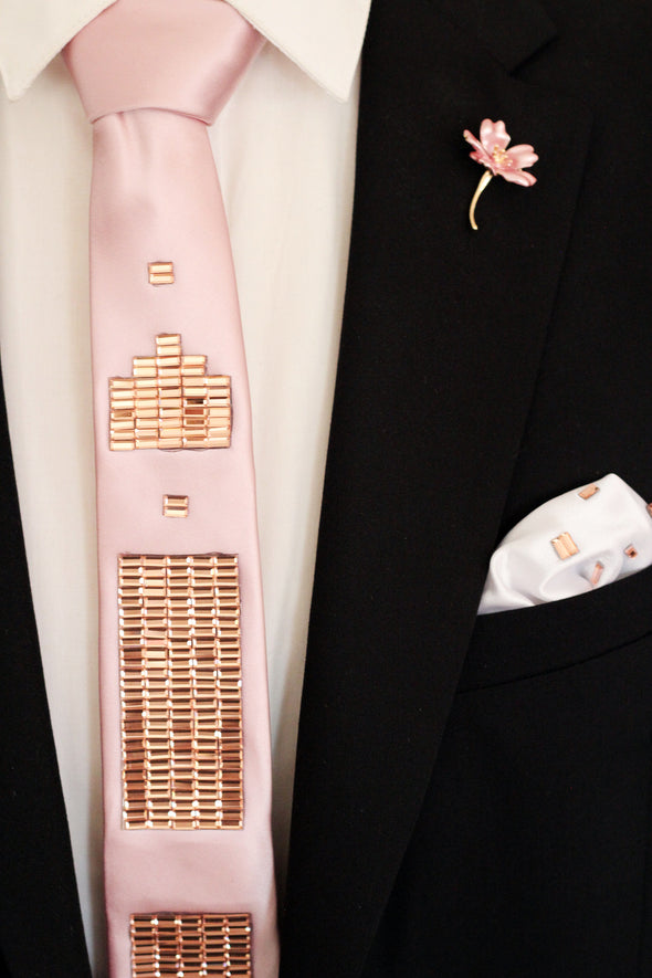 Blush pink satin necktie with geometric rose gold rhinestones pattern