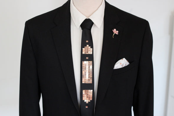 Black necktie with copper, rose gold rhinestones