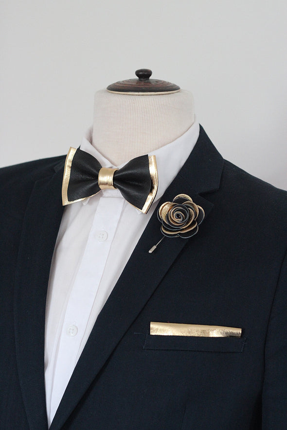 Black and Gold leather bow tie lapel flower wedding prom groomsmen groom formal attire set