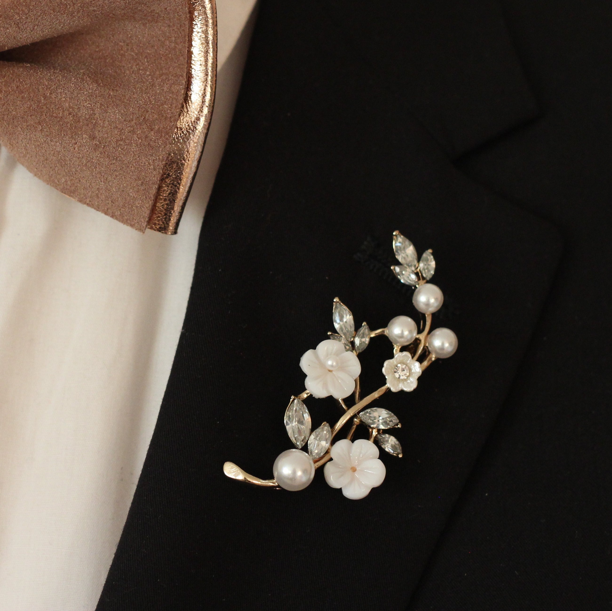 Mens elegant rhinestone crystal branch boutonniere, wedding lapel rose pin