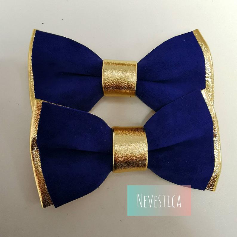 Gold and royal blue leather bow tie, pin set groomsmen attire