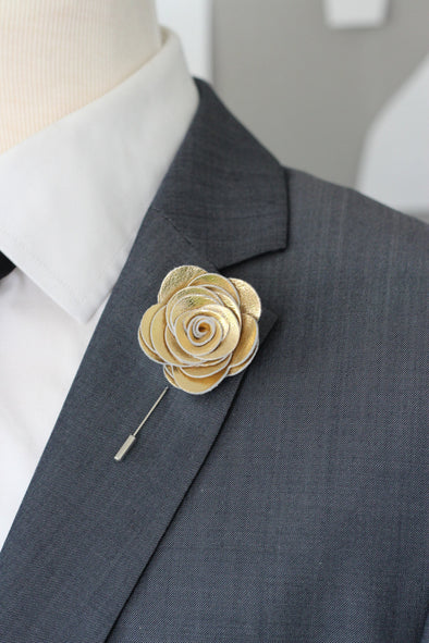 gold leather boutonniere flower wedding, gold lapel pin, groomsmen gold boutonnire rose flower