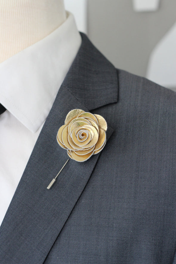 Gold leather lapel flower pin, boutonniere Gold leather lapel flower pin, boutonniere