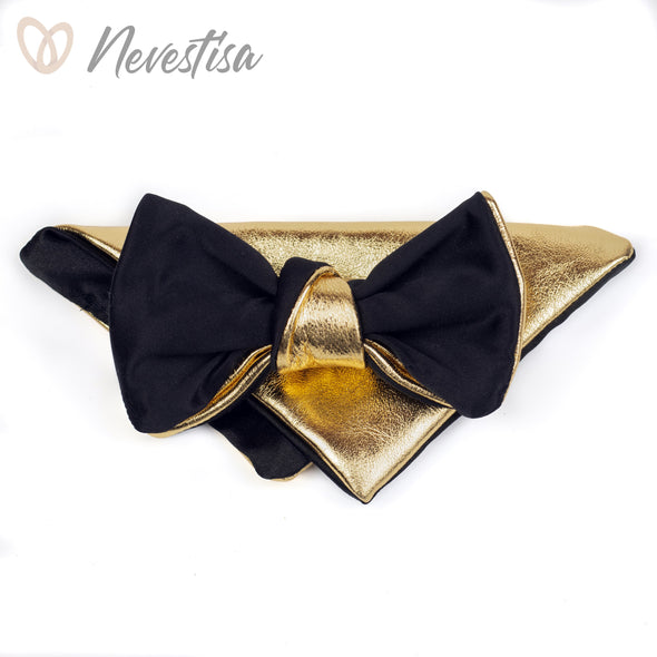 Black and Gold mens leather bow tie for men, gold wedding bow tie black satin bowtie gold bow tie formal attire groomsmen gift set boys prom